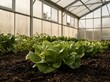 © @ProLensPixel - A vibrant head of buttercrunch lettuce growing in rich dark soil inside a sunlit greenhouse for organic agriculture