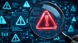 © CuteBee - Magnifying glass focusing on bright red digital warning triangle with text alert threat detected access denied on dark blue interface showing network security auditing and intrusion detection