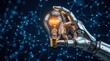 © Chayanan - Innovation and bright idea generation symbolized by a robot hand grasping a glowing bulb.