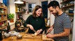 © Bruno Stock - Happy couple preparing food together in a cozy kitchen, chopping vegetables and laughing