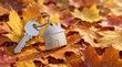 © Mariia - House-shaped keychain and key resting among colorful autumn leaves, representing home ownership, property purchase, real estate investment and finding a new home