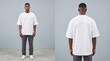 © kurnia - Man models comfortable oversized white t-shirt in front and back studio views for contemporary casual fashion