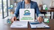 © Xos Contributor  - Person handling boat insurance documents and paperwork on office table with digital icons with desk digital protection person reviewing insurance policy administration certification with coverage