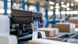 © A2Z AI  - Industrial barcode printer machine producing adhesive label sticker on cardboard box in modern distribution fulfillment warehouse store