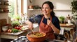 © MyDigitalCraft - Woman cooking lentil soup, Young woman cooking and smiling in a cozy home kitchen