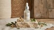 © rezaul4022 - Natural probiotic skincare serum bottle mockup on stone podium with dry flowers and leaves