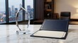 © rezaul4022 - Glass award trophy and diploma folder on a marble desk in a modern corporate office background