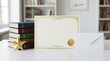 © rezaul4022 - Blank certificate with golden seal and star award on a desk with books and white envelope
