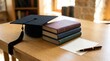 © rezaul4022 - Graduation cap and stack of books on a wooden desk with a fountain pen and blank note card