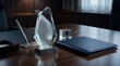 © rezaul4022 - Crystal award trophy on a dark wooden office desk with a leather notebook and silver pen