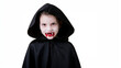 © Alexander - Close-up portrait of a young vampire wrapped in a black cape, pale face and theatrical blood makeup around the mouth, sinister playful stare, Halloween vampire, gothic child, spook