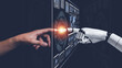 © panya7 - Human and robot hands connecting through digital interface, representing artificial intelligence, human AI collaboration, automation, robotics, machine learning, innovation and digital transformation.