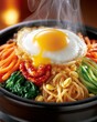 © DIMARIS MEDIA  - Steam rises from a steaming stone bowl. Sunny-side-up egg crowns the dish. Colorful vegetables surround the noodles. The dish looks warm and inviting. Perfect for food, culture, or culinary content