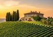 © Chanchai - A stone villa sits atop a rolling hill surrounded by lush green vineyards and tall cypress trees under a warm golden sunset glow at dusk, architecture, property, rolling