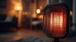 © Taiwo - Black electric radiant patio table heater with a glowing orange heating element inside a protective wire mesh guard.