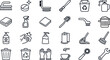 © Ali BasHar - Collection of cleaning supply line icons on a white background depicts household maintenance tools cleaner janitorial domestic sanitation