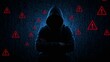 © Bonsales - Hooded hacker silhouette standing against a binary code background with red warning signs, representing cyber security threats