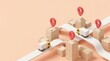 © NorthStar Creations - Delivery trucks driving through a city with red location pin icons and copy space.