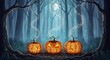 © arif - Magical glowing carved pumpkins in a spooky haunted forest under a full moon for a mystical Halloween celebration background