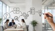 © abdul studio - Hand drawing business strategy process flowchart on glass board during corporate team brainstorming meeting