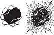 © Akash - Powerful fist punching through wall, black and white vector illustration. Shattered wall hole with debris, dynamic comic style impact graphics.