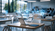 © Kateryna - Empty bright modern classroom with glowing digital shield icons floating above desks cybersecurity concept education data protection information security technology learning