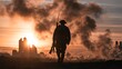 © MINTED VasitChaya - Atmospheric silhouette of a vintage World War soldier carrying a rifle, walking through smoky battlefield ruins at sunset, courage and remembrance concept with copy space.