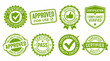 © Mr icons - Green certification approved stamp and seal set, quality assurance icons, product validation, compliance symbols, standards met