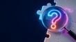© Add Win - Futuristic problem solving concept showing a magnifying glass revealing a glowing neon question mark on a dark jigsaw puzzle background