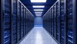 © Shamima - Long modern data center corridor full of towering server racks glowing with active blue lights representing digital information and cloud technology infrastructure