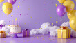 © Dwi - Festive purple birthday setup with cake, yellow balloons, gifts, and fluffy clouds
