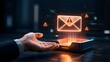 © Ribas_ProductPro - Holographic Email Warning Interface with Security Icons and Checkmarks Over Digital Desktop