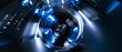 © SJarkCube - Shiny camera lens in blue light with tech equipment background