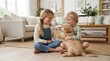 © mashimara - Golden Retriever Puppy Playtime: A heartwarming scene unfolds as two smiling children, a girl and a boy, joyfully interact with an adorable golden retriever puppy in a sun-drenched living room.