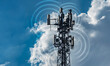 © ismailgazel - Cell tower with multiple antennas broadcasting signal waves. Dramatic blue sky with clouds. Ideal for telecom, wireless network, and mobile technology editorial or marketing content.
