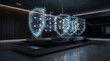 © Amit - Three transparent digital security shields with glowing network nodes displayed on a platform in a dark room labeled as a blockchain matrix