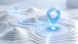 © Ridwan_DigitalGrid - Transparent blue glass location map pin on modern white 3d topographical terrain map representing global navigation and geographical data analysis