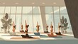 © Aisha - Clean yoga studio scene, 7 women practicing poses, fresh minimal design
