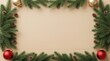© Graphixarray - A festive christmas background featuring a rectangular frame made of green pine branches and red and gold holiday ornaments