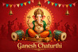 © techgiant - Ganesh chaturthi lord ganesha puja celebration with seated deity drums bells festive bunting dancing silhouettes red background sweets and traditional indian decoration