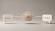 © HP - 3D concept of communication breakdown with two beige speech bubbles connected by a complex tangled rope knot representing misunderstanding and problem solving