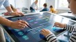 © justjupiter - Interactive touchscreen table being used by students and a teacher in a classroom for collaborative learning and information sharing.