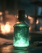 © misunderst00d - Glowing magic potion in glass bottle on dark wooden table. Laboratory research and Halloween concept