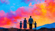 © Chineewan Somsap - Family stands hand in hand against vibrant sunset, showcasing love and togetherness in colorful landscape