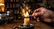 © Martarina - Close up of a hand lighting a candle with sparkler using a match on a wooden table