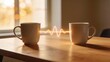 © Halim - Generative AI illustrates a digital connection between two coffee mugs on a wooden table