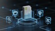 © Mst Rozina Pervin - Digital document management system with a stack of papers, surrounded by icons representing search, folder, shield, and network connections, all set against a dark futuristic background