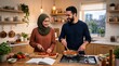 © Lontong Studio - A happy Muslim couple cooking together in a modern, well-lit kitchen, preparing a delicious meal with fresh ingredients.