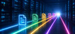 © alimu - Glowing Neon Document Files Moving Through Server Room Data Processing Concept