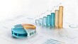 © Doel Studio - 3D transparent glass bar chart and pie chart resting on printed financial data reports illustrating corporate business analytics market research and strategic planning concept.